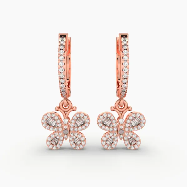 10K Rose Gold Natural Diamond Huggie Hoop Earrings With Butterfly Drops