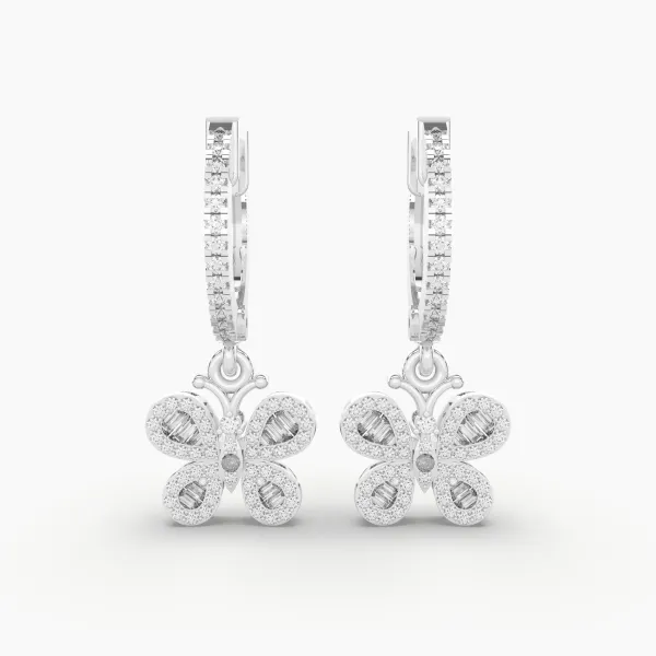 10K White Gold Natural Diamond Huggie Hoop Earrings With Butterfly Drops