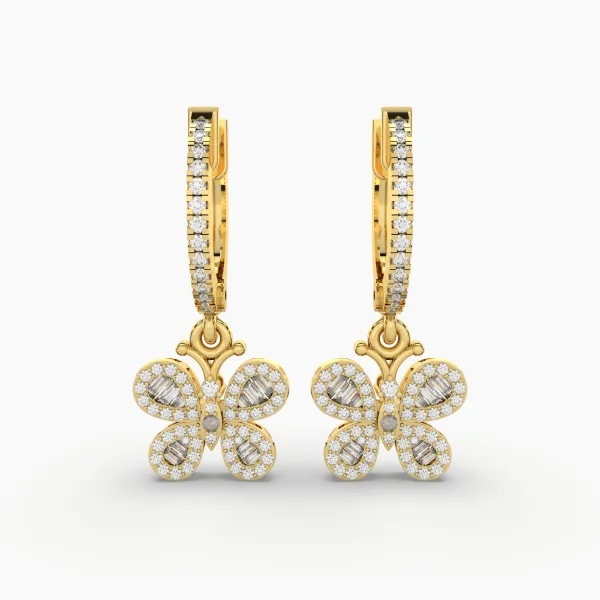 Natural Diamond Huggie Hoop Earrings With Butterfly Drops