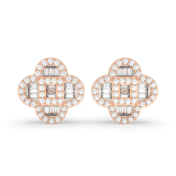 10K Rose Gold Clover Style Baguette And Round Natural Diamond Studs Earrings
