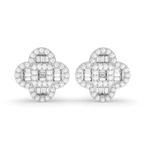 10K White Gold Clover Style Baguette And Round Natural Diamond Studs Earrings