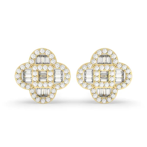 Clover Style Baguette And Round Natural Diamond Studs Earrings