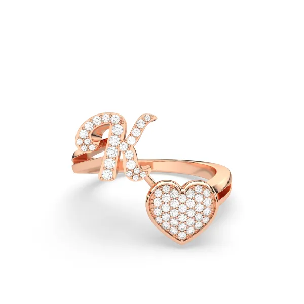 10K Rose Gold K Letter Diamond Heart Initial Ring