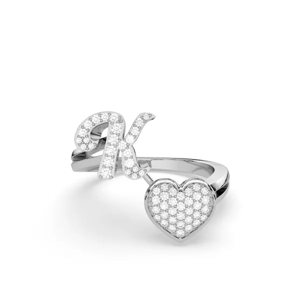 10K White Gold K Letter Diamond Heart Initial Ring