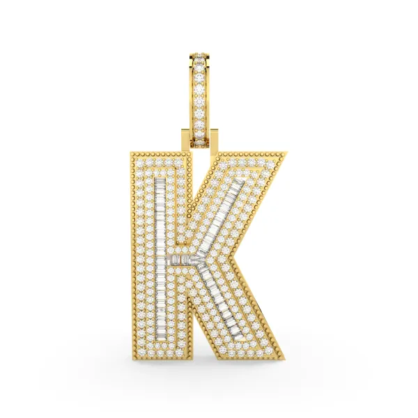 Baguette And Round Natural Diamond "K" Initial Letter Charm Pendant