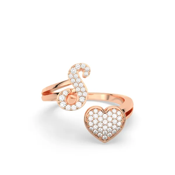 10K Rose Gold Round Diamond Heart Initial S Rings