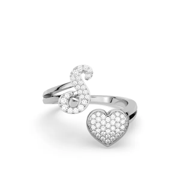 10K White Gold Round Diamond Heart Initial S Rings