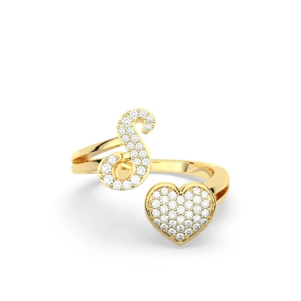 Gold Round Natural Diamond Heart Initial S Rings