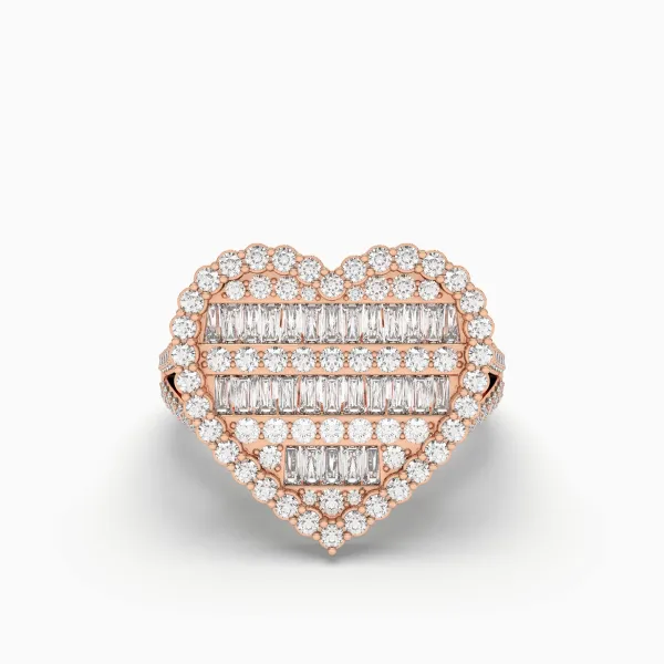 10K Rose Gold Round And Baguette Diamond Heart Shape Ring