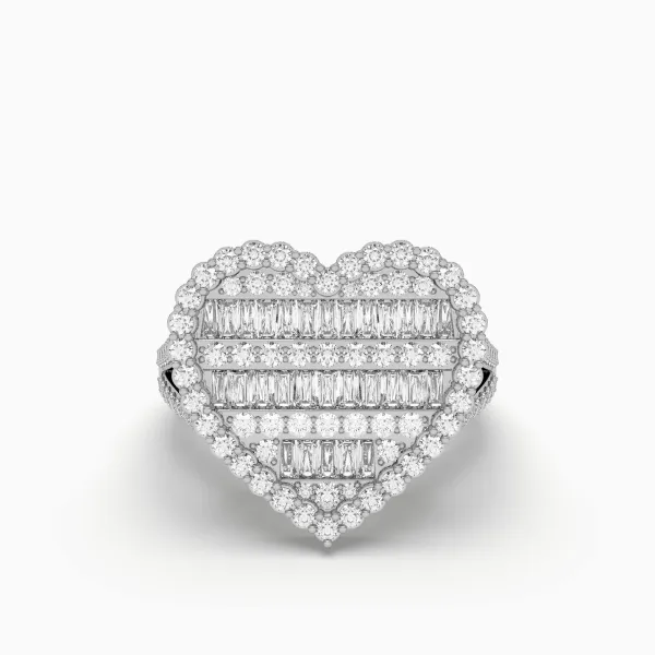 10K White Gold Round And Baguette Diamond Heart Shape Ring