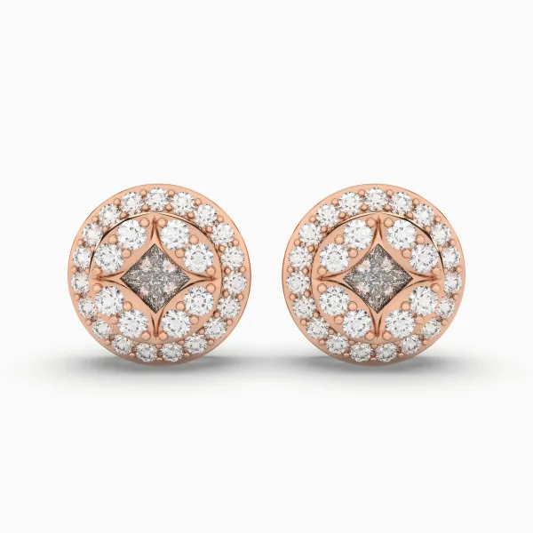 10K Rose Gold Classic Round Diamond Halo Stud Earrings For Women