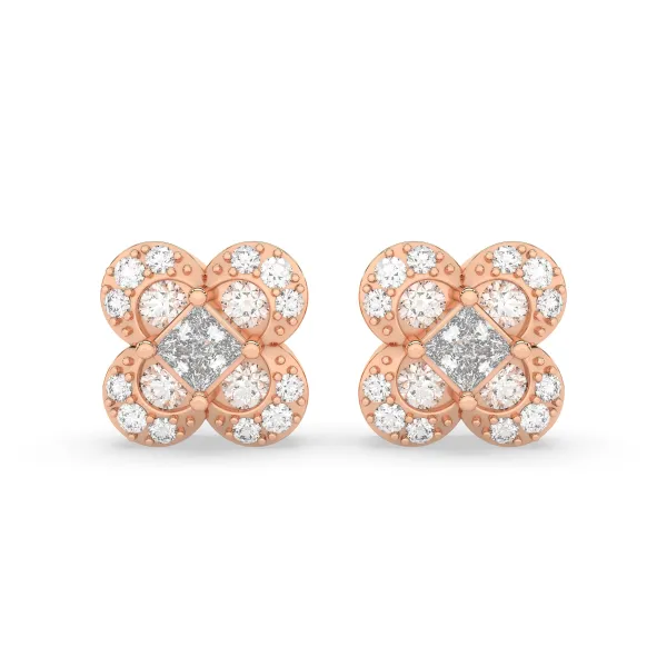 10K Rose Gold Stunning Clover Stud Halo Diamond Earrings