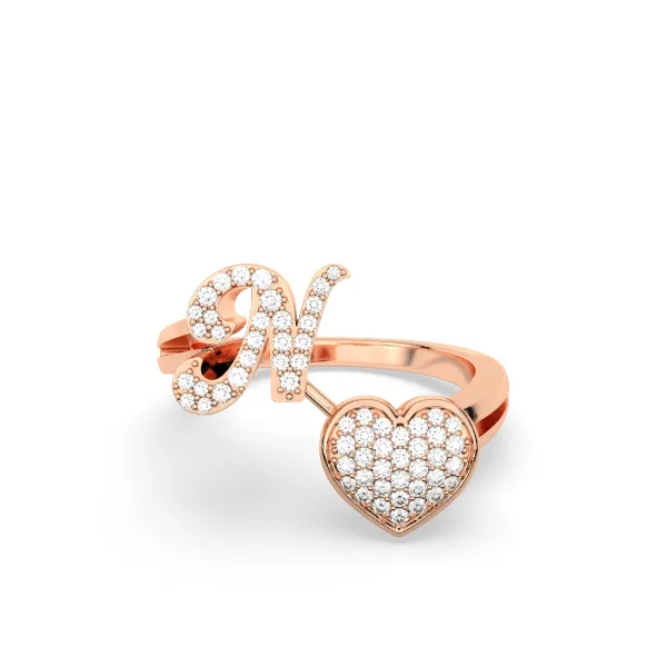10K Rose Gold Round Diamond Heart Initial N Rings