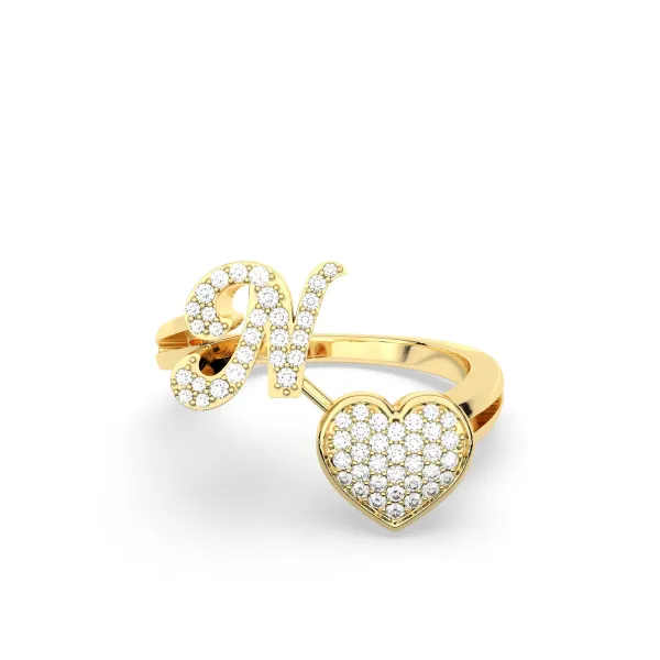 Gold Round Natural Diamond Heart Initial N Rings