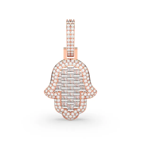 10K Rose Gold Baguette And Round Natural Diamond Hamsa Hamd Pendant