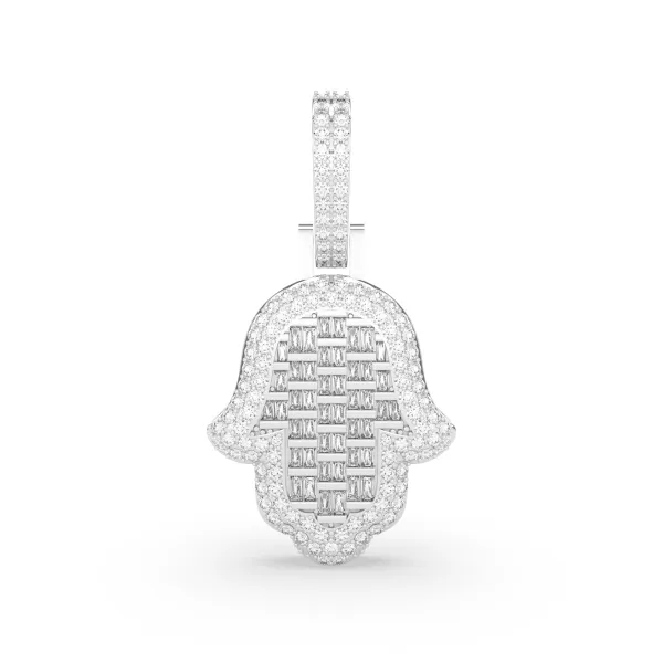 10K White Gold Baguette And Round Natural Diamond Hamsa Hamd Pendant
