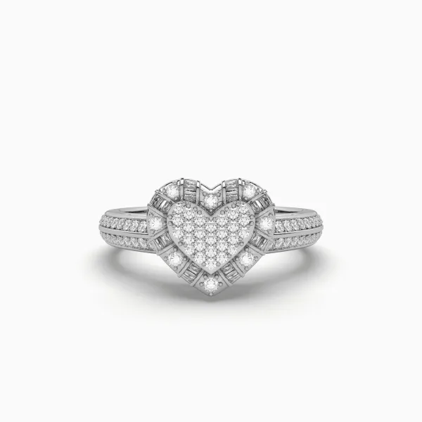 10K White Gold Heart Shape Round And Baguette 3.67 CT Diamond Ring