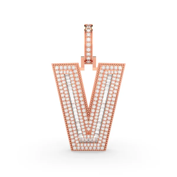 10K Rose Gold Baguette And Round Natural Diamond "V" Initial Letter Pendant