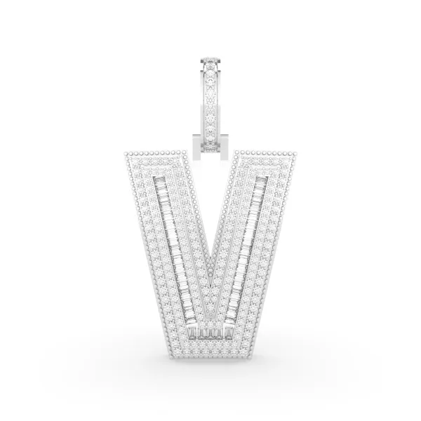 10K White Gold Baguette And Round Natural Diamond "V" Initial Letter Pendant