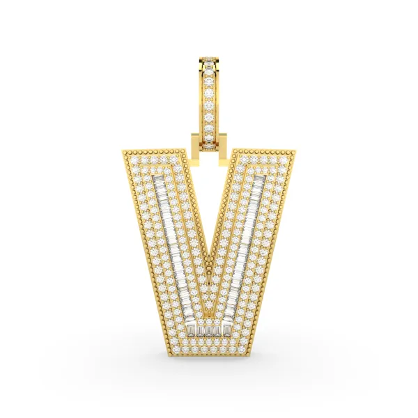 Baguette And Round Natural Diamond "V" Initial Letter Pendant