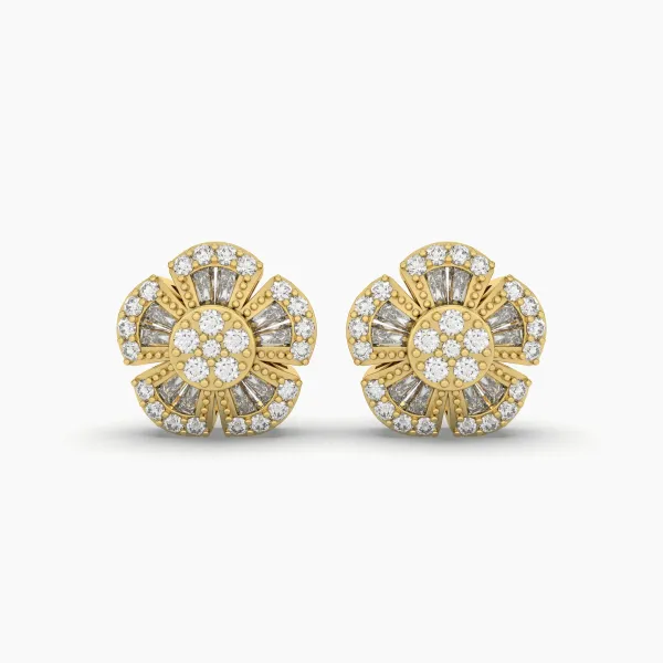 Baguette And Round Flower Natural Diamond Stud Earrings