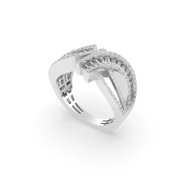 10K White Gold Diamond Baguette And Round Diagonal Multirow Ring