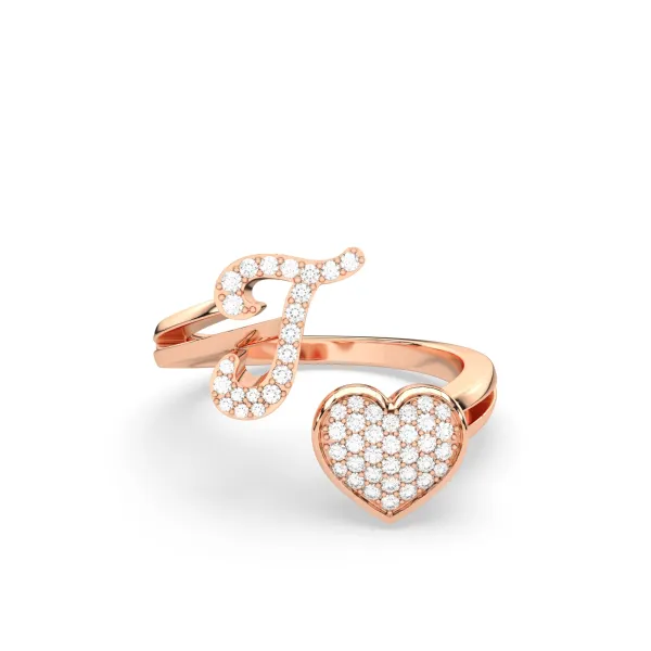 10K Rose Gold Round Diamond Heart Initial T Rings