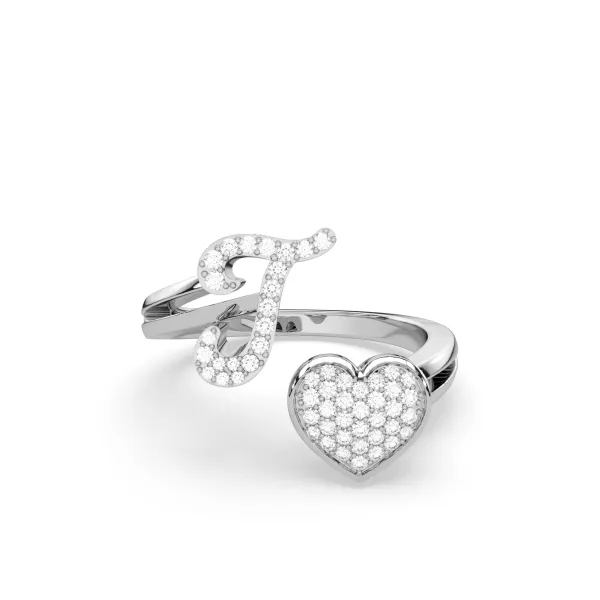 10K White Gold Round Diamond Heart Initial T Rings