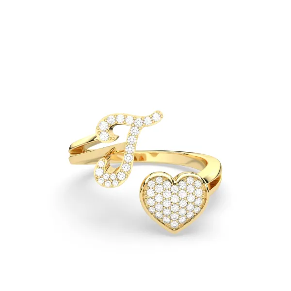 Gold Round Natural Diamond Heart Initial T Rings