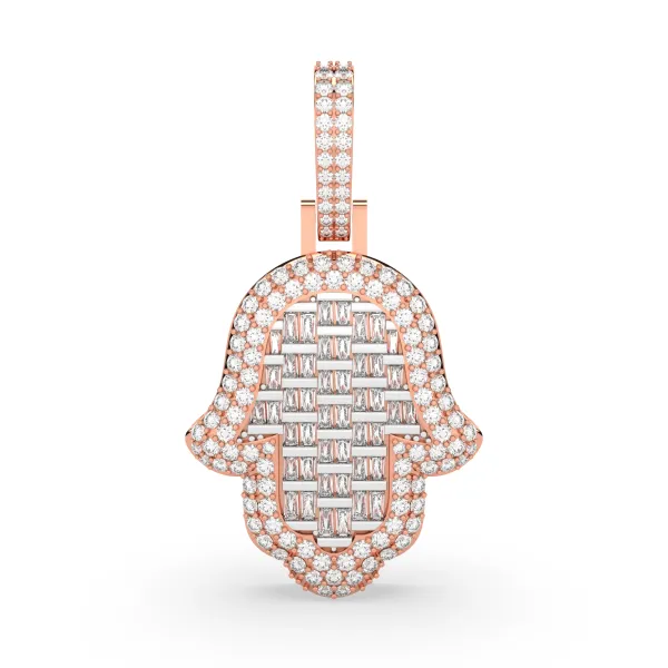 10K Rose Gold Mens Baguette And Round Natural Diamond Hamsa Charm Pendant