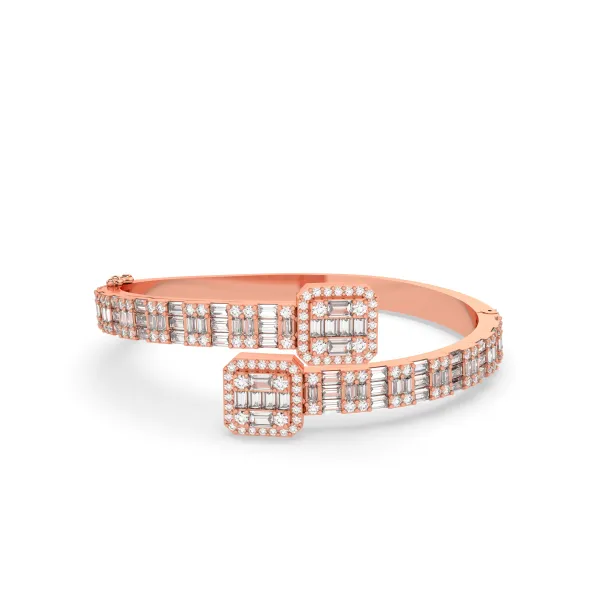 10K Rose Gold Baguette And Round Natural Diamond Open Cuff Bangle Bracelet