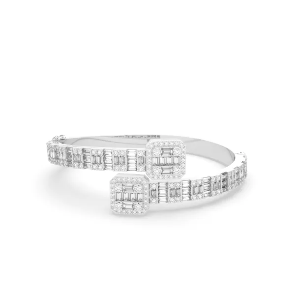 10K White Gold Baguette And Round Natural Diamond Open Cuff Bangle Bracelet