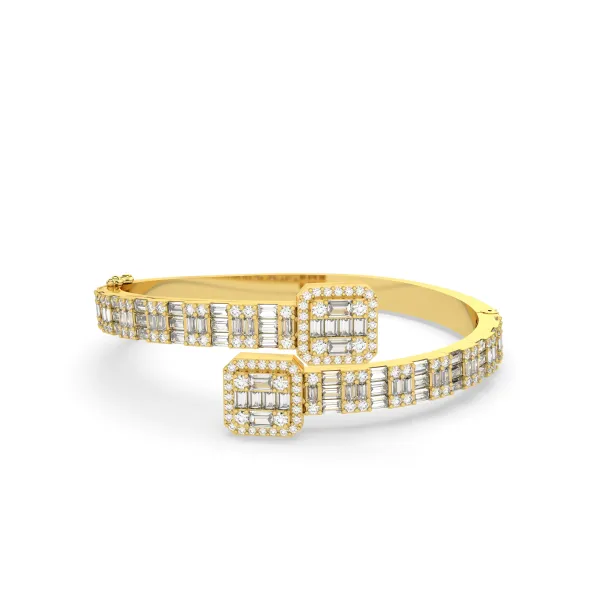 Baguette And Round Natural Diamond Open Cuff Bangle Bracelet