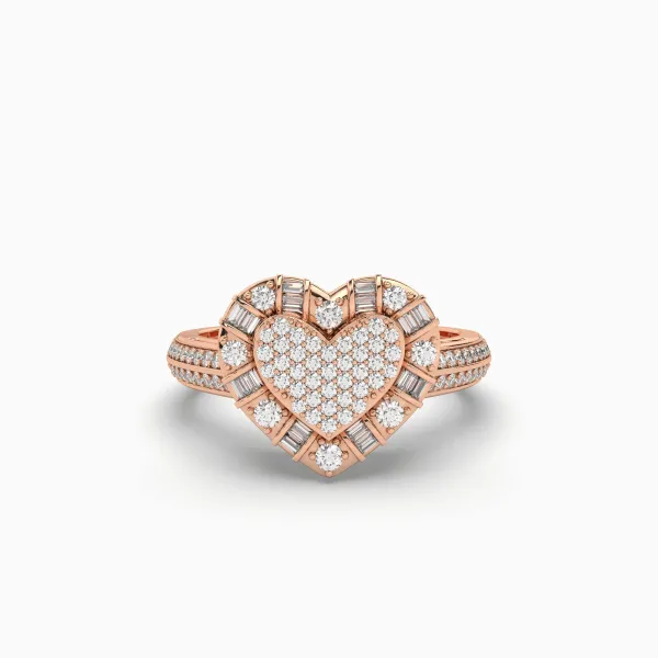 10K Rose Gold Heart Shape Ring With 0.41 CT Baguette And Round Diamond