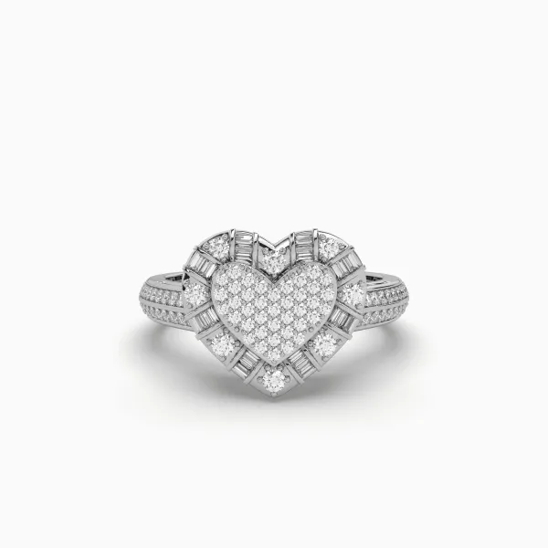 10K White Gold Heart Shape Ring With 0.41 CT Baguette And Round Diamond