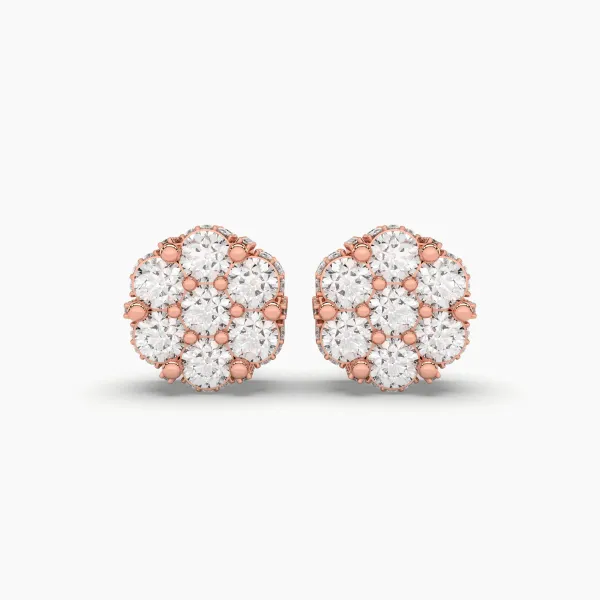 10K Rose Gold Blossom Flower Seven Natural Diamond Studs Earrings