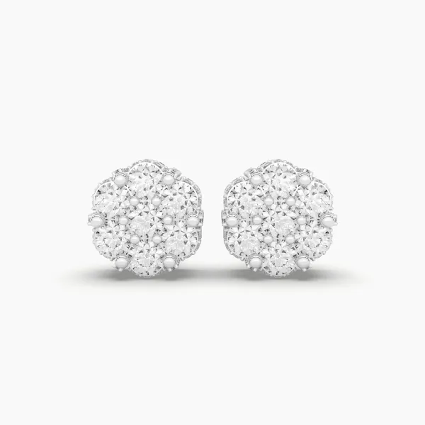 10K White Gold Blossom Flower Seven Natural Diamond Studs Earrings