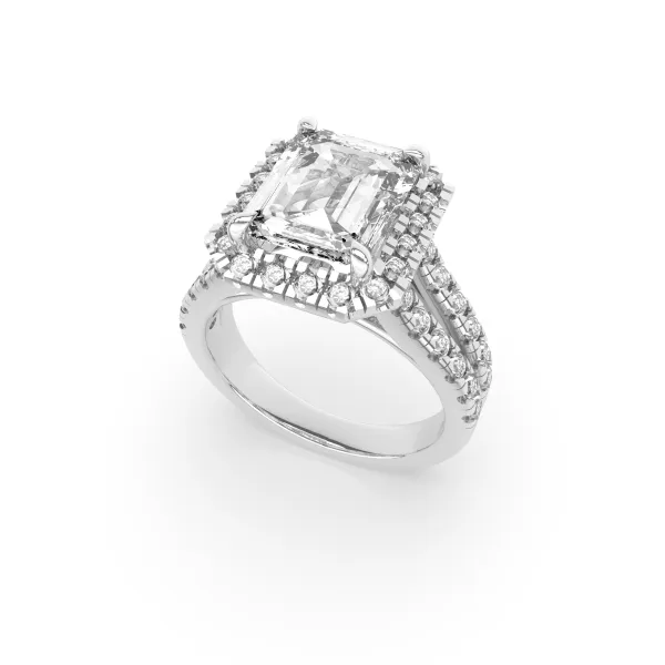 10K White Gold Emerald Cut Diamond Halo Engagement Ring