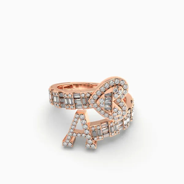 10K Rose Gold Baguette And Round Diamond Initial A Rings