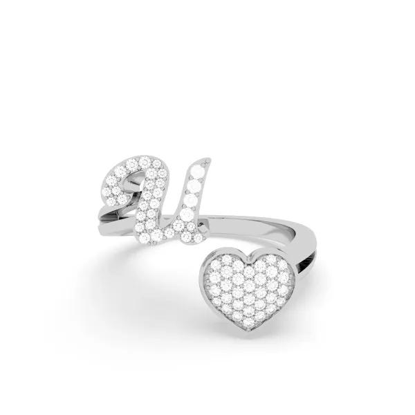 10K White Gold Round Diamond Heart Initial U Rings