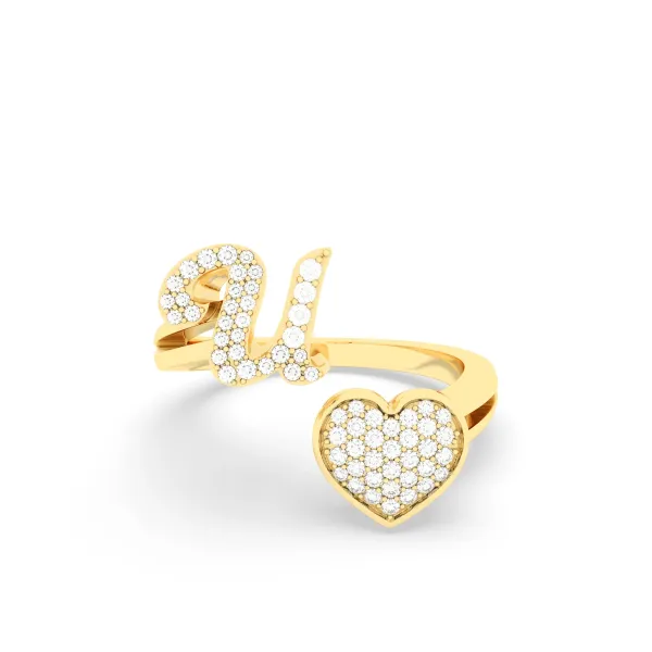 Gold Round Natural Diamond Heart Initial U Rings