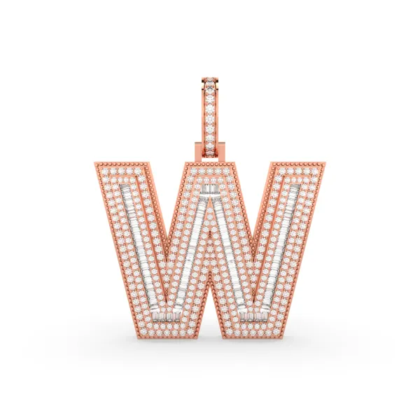 10K Rose Gold Studded "W" Initial Both Round Brilliant And Baguette Cut Natural Diamonds Pendant