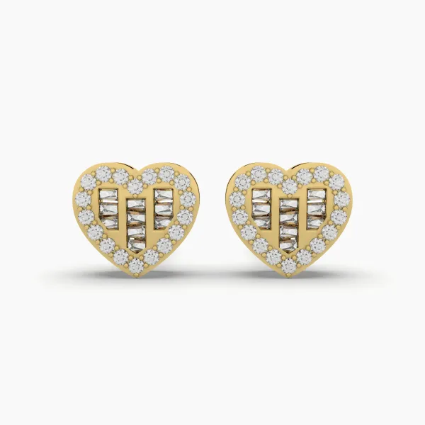 Featuring Both Round And Baguette Natural Diamonds Heart-Shaped Stud Earrings