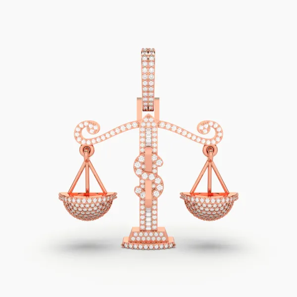 10K Rose Gold Baguette And Round Natural Diamond Libra Scale Pendant