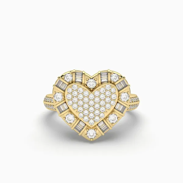 10K Yellow Gold 0.48 CT Round And Baguette Cut Diamond Heart Shape Ring