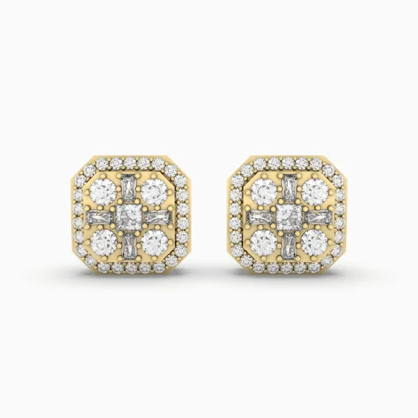 Glary Cushion Frame Halo Gold Natural Diamond Earrings