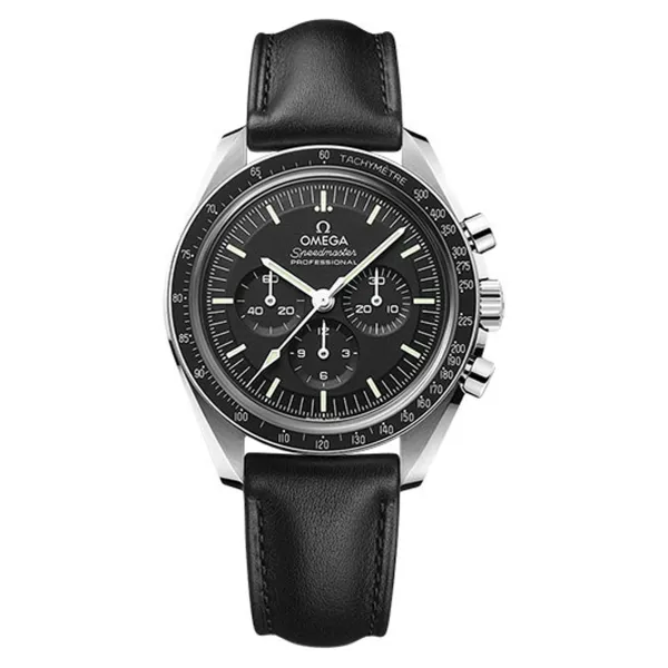 Omega Speedmaster Moonwatch Professional Co-Axial Master Chronometer Chronograph Black Dial on Leather Strap Ref 310.32.42.50.01.002 with Card