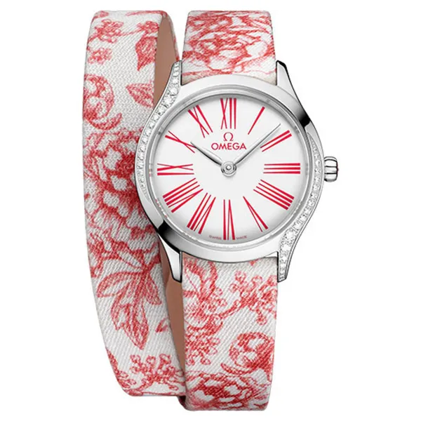 Omega De Ville Mini Tr√©sor Quartz White / Pink Roman Markers Dial on Fabric Strap Ref 428.17.26.60.04.003 with Card
