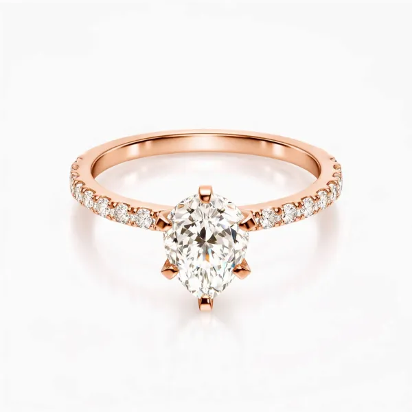 14K Rose Gold Pear Shaped Center Diamond And Round Lab Grown Diamond Ring