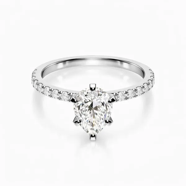 14K White Gold Pear Shaped Center Diamond And Round Lab Grown Diamond Ring